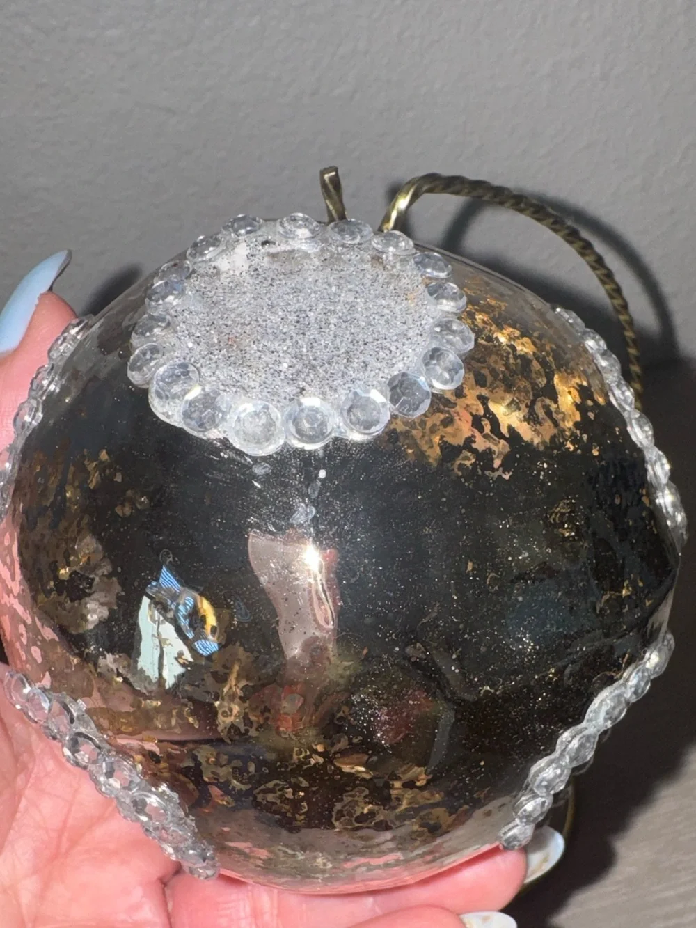 Silver mercury glass, Christmas ornament with beaded crystal set of 6